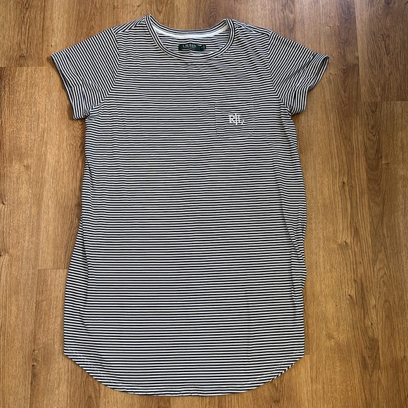 Lauren Ralph Lauren Striped Cuffed Short Sleeve Cotton Nightgown Mongram Logo - Picture 2 of 5